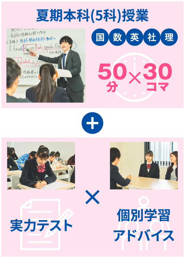 夏期本科(5科)授業 50分×30コマ ＋ 実力テスト ＋ 個別学習アドバイス